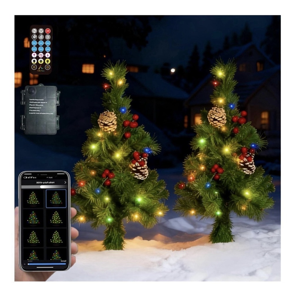 2 Pack Pre-Lit Mini Pathway Xmas Trees w/Remote Timer Battery Op LED Holiday